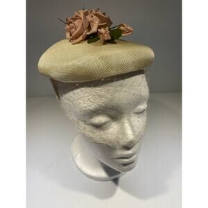 Vintage Carlot Juliet Fascinator Gold Cream Straw Hat with Pink Roses Mesh Veil